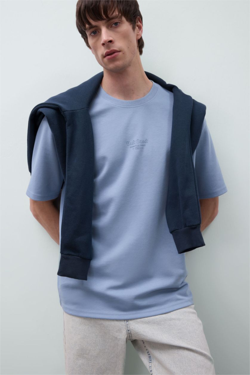 رجالي أزرق تيشيرت نص كم تقيل اوفر سايز مطبوع