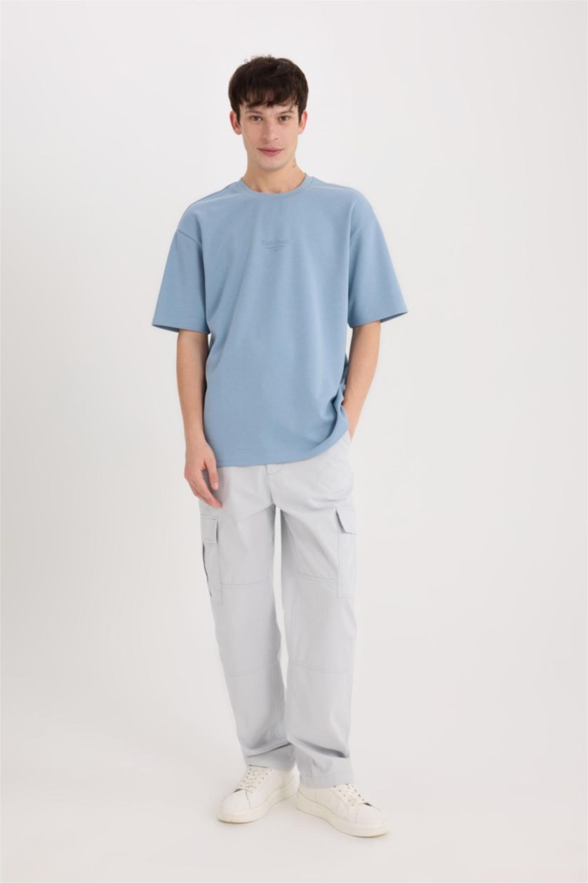 رجالي أزرق تيشيرت نص كم تقيل اوفر سايز مطبوع