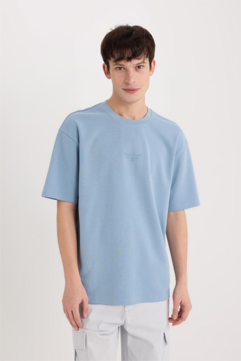 رجالي أزرق تيشيرت نص كم تقيل اوفر سايز مطبوع