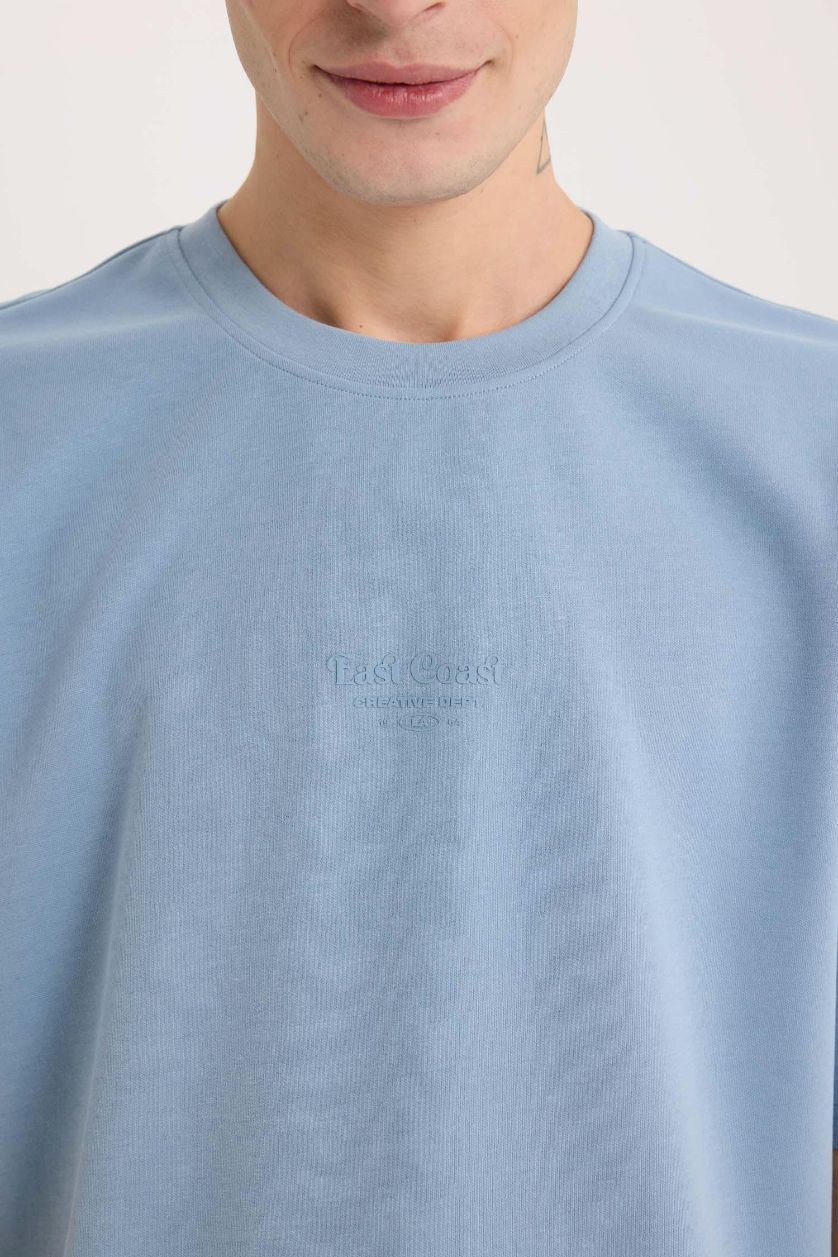 رجالي أزرق تيشيرت نص كم تقيل اوفر سايز مطبوع