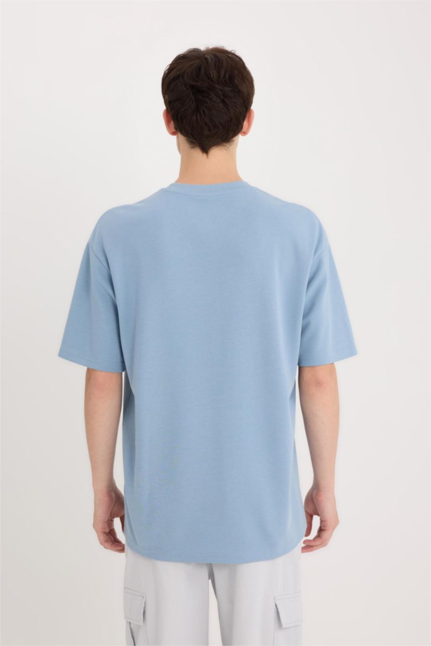 رجالي أزرق تيشيرت نص كم تقيل اوفر سايز مطبوع