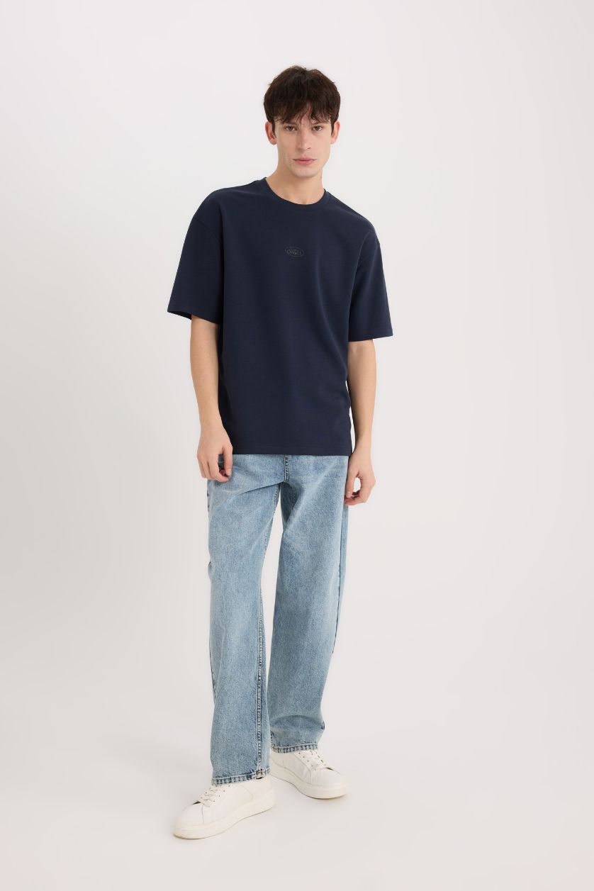 Erkek Lacivert Boxy Fit Bisiklet Yaka Ütü Gerektirmeyen Nefes Alabilen Baskılı Kısa Kollu Ağır Kumaş Tişört