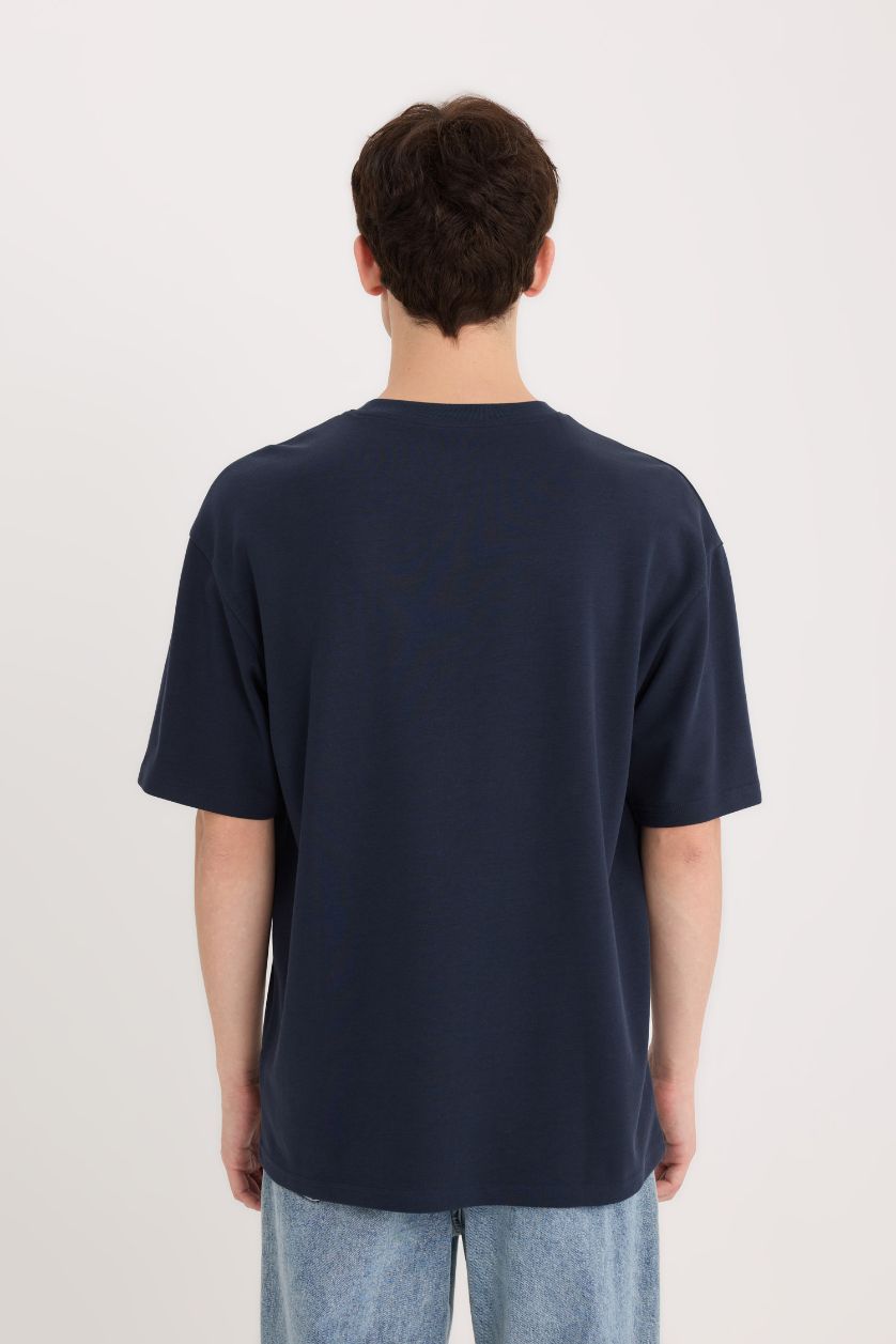 Erkek Lacivert Boxy Fit Bisiklet Yaka Ütü Gerektirmeyen Nefes Alabilen Baskılı Kısa Kollu Ağır Kumaş Tişört