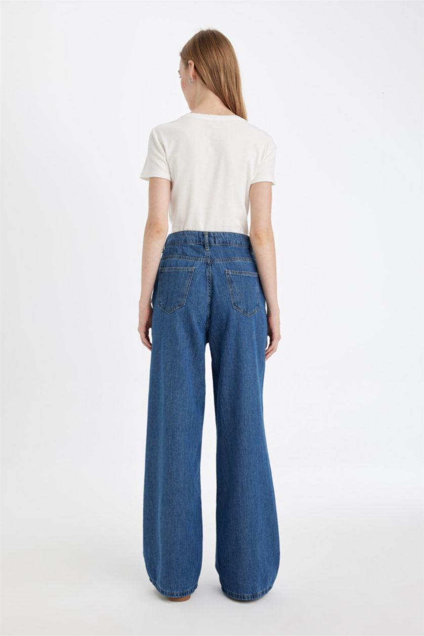 Kadın Koyu Mavi Wide Leg Yüksek Bel Uzun Jean Yıkamalı Pantolon