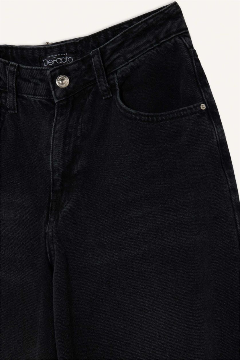 Kadın Siyah Baggy Fit Yüksek Bel Geniş Kalıp Cepli Uzun Jean Pantolon