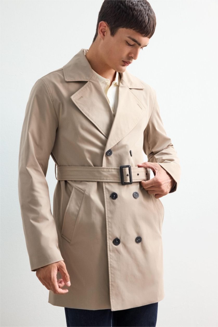 Erkek Açık Kahve Slim Fit Dar Kesim Astarlı Düğmeli Cepli Kemerli Mevsimlik Baharlık Trençkot