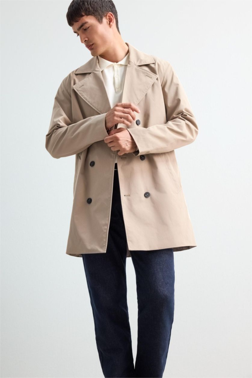 Erkek Açık Kahve Slim Fit Dar Kesim Astarlı Düğmeli Cepli Kemerli Mevsimlik Baharlık Trençkot