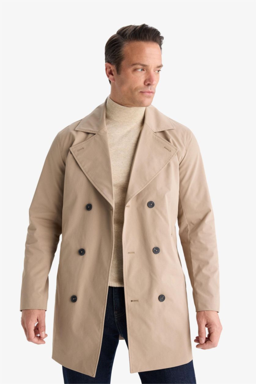 Erkek Açık Kahve Slim Fit Dar Kesim Astarlı Düğmeli Cepli Kemerli Mevsimlik Baharlık Trençkot