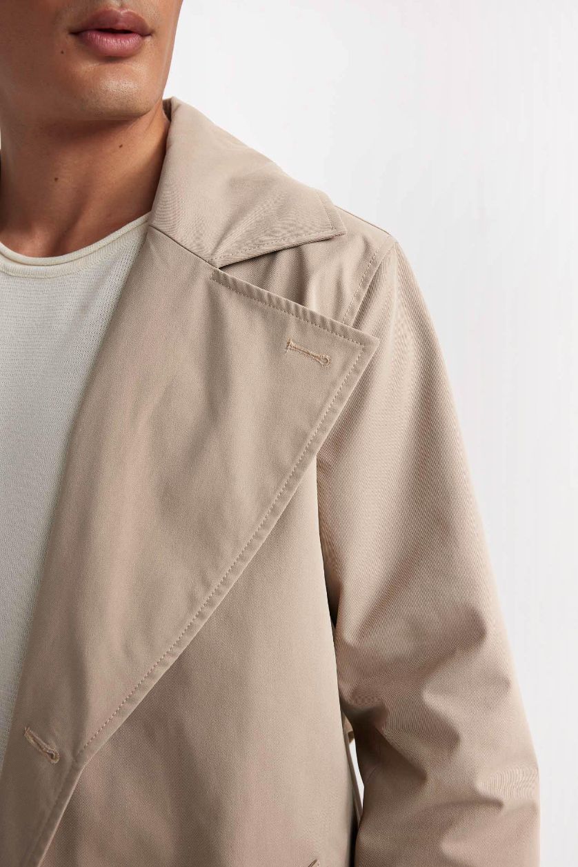 Erkek Kum Slim Fit Dar Kesim Astarlı Düğmeli Cepli Kemerli Mevsimlik Baharlık Trençkot