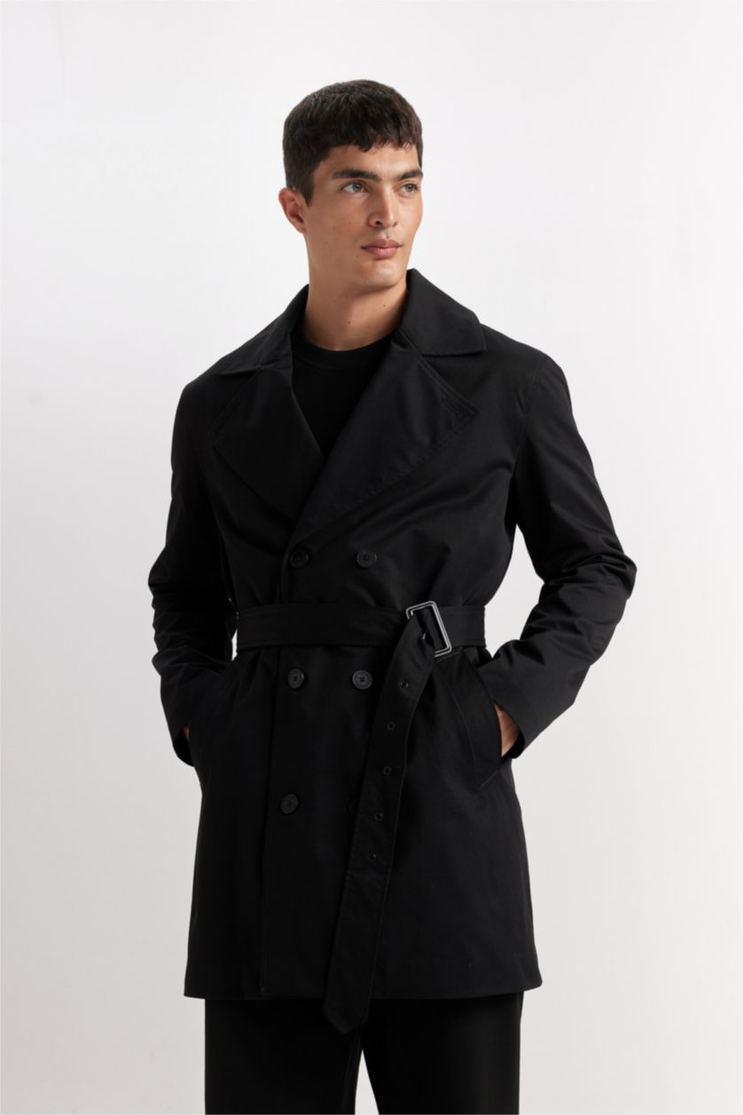 Erkek Siyah Slim Fit Ultra Hafif Mevsimlik Trençkot