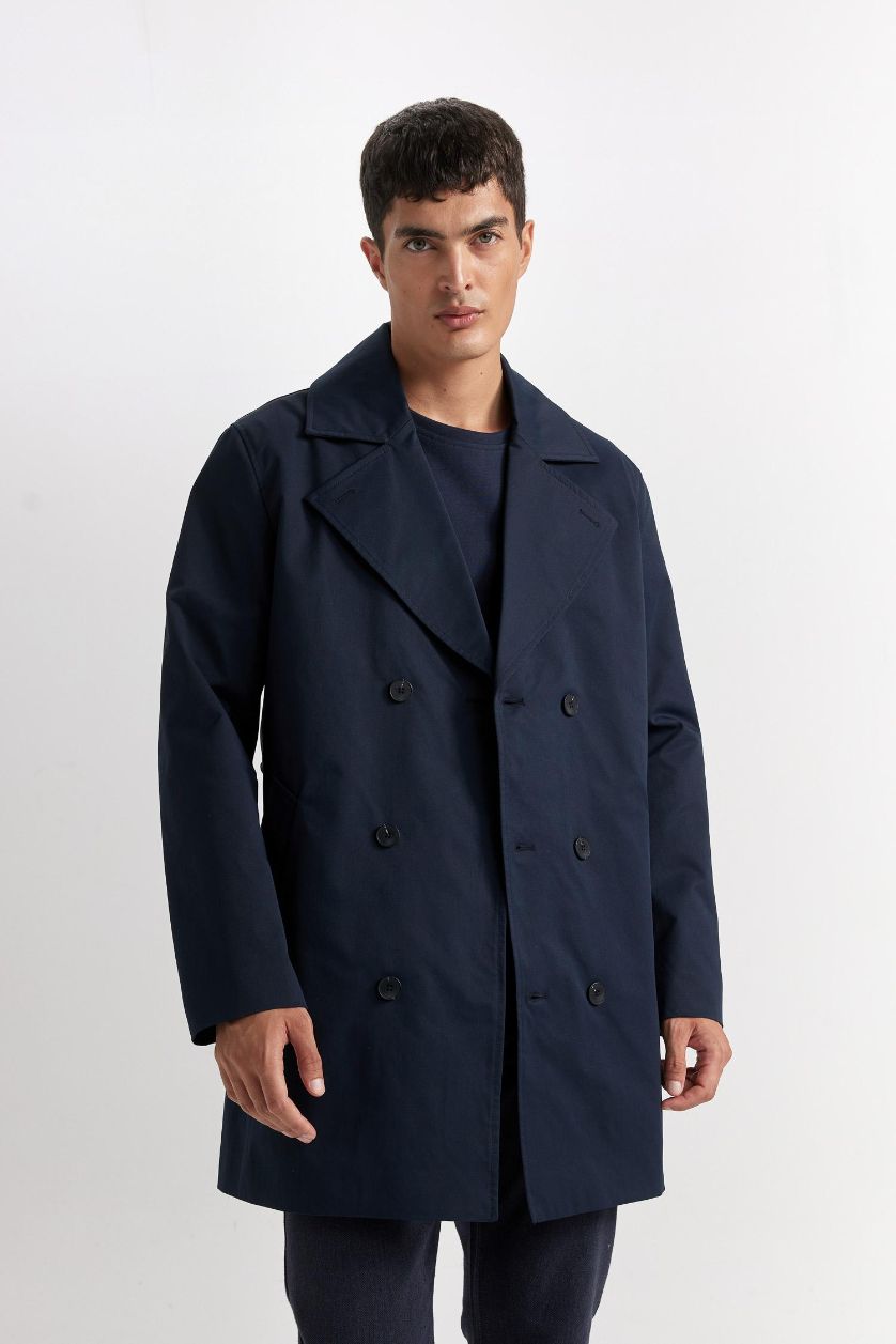 Erkek Lacivert Slim Fit Dar Kesim Astarlı Düğmeli Cepli Kemerli Mevsimlik Baharlık Trençkot