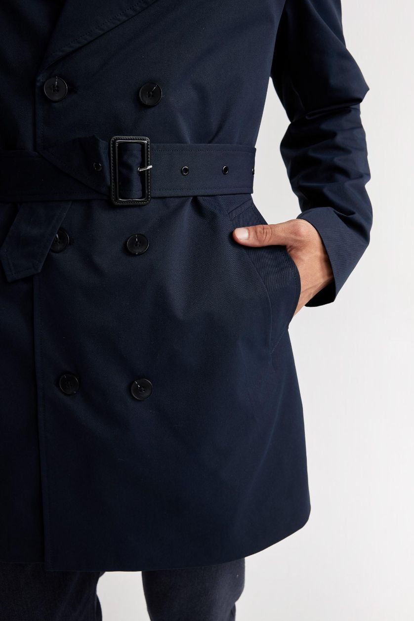 Erkek Lacivert Slim Fit Dar Kesim Astarlı Düğmeli Cepli Kemerli Mevsimlik Baharlık Trençkot