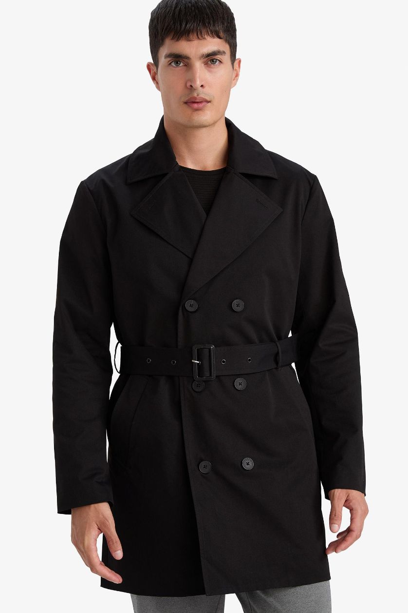 Man Black Slim Fit Lined Buttoned Coat