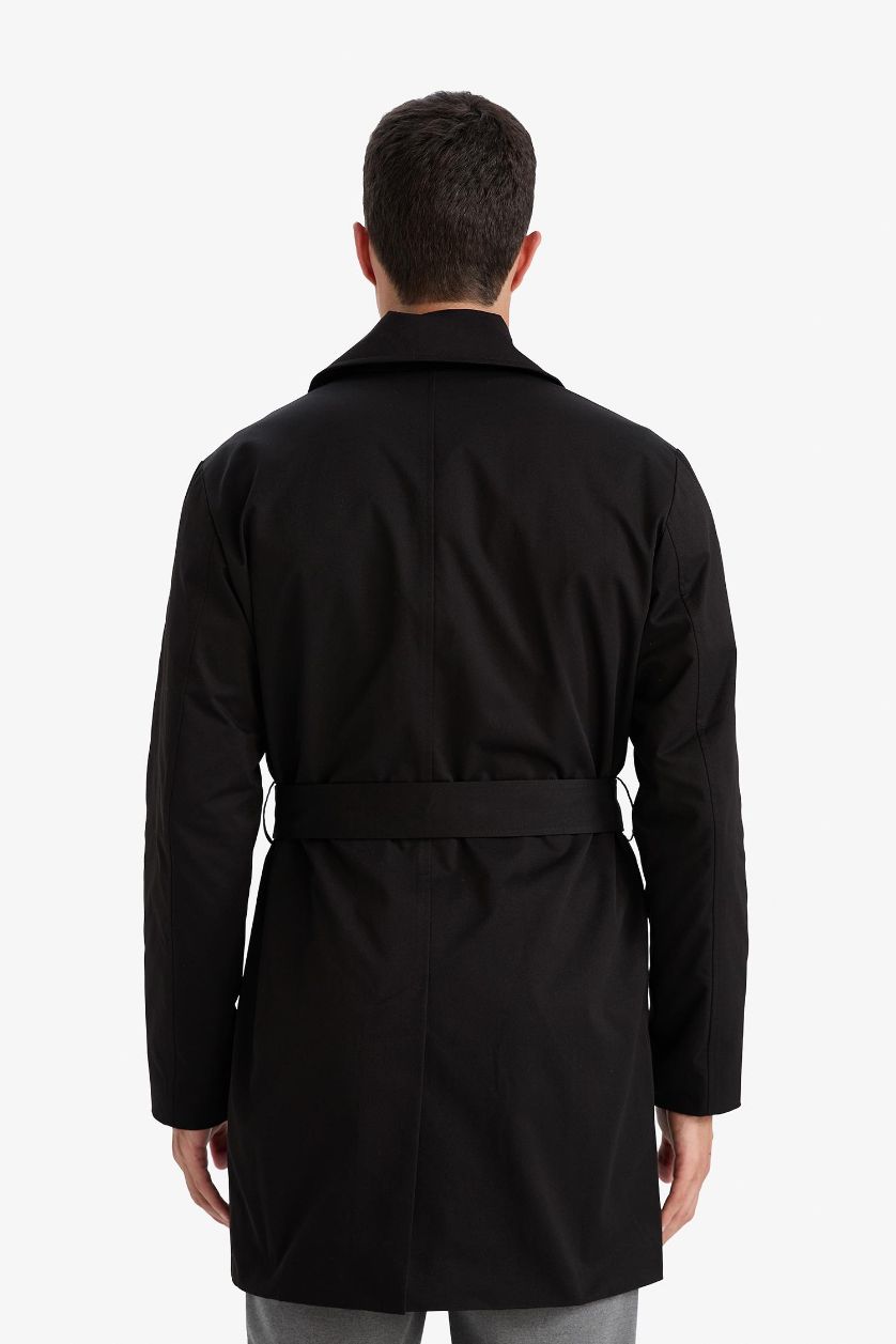 Man Black Slim Fit Lined Buttoned Coat