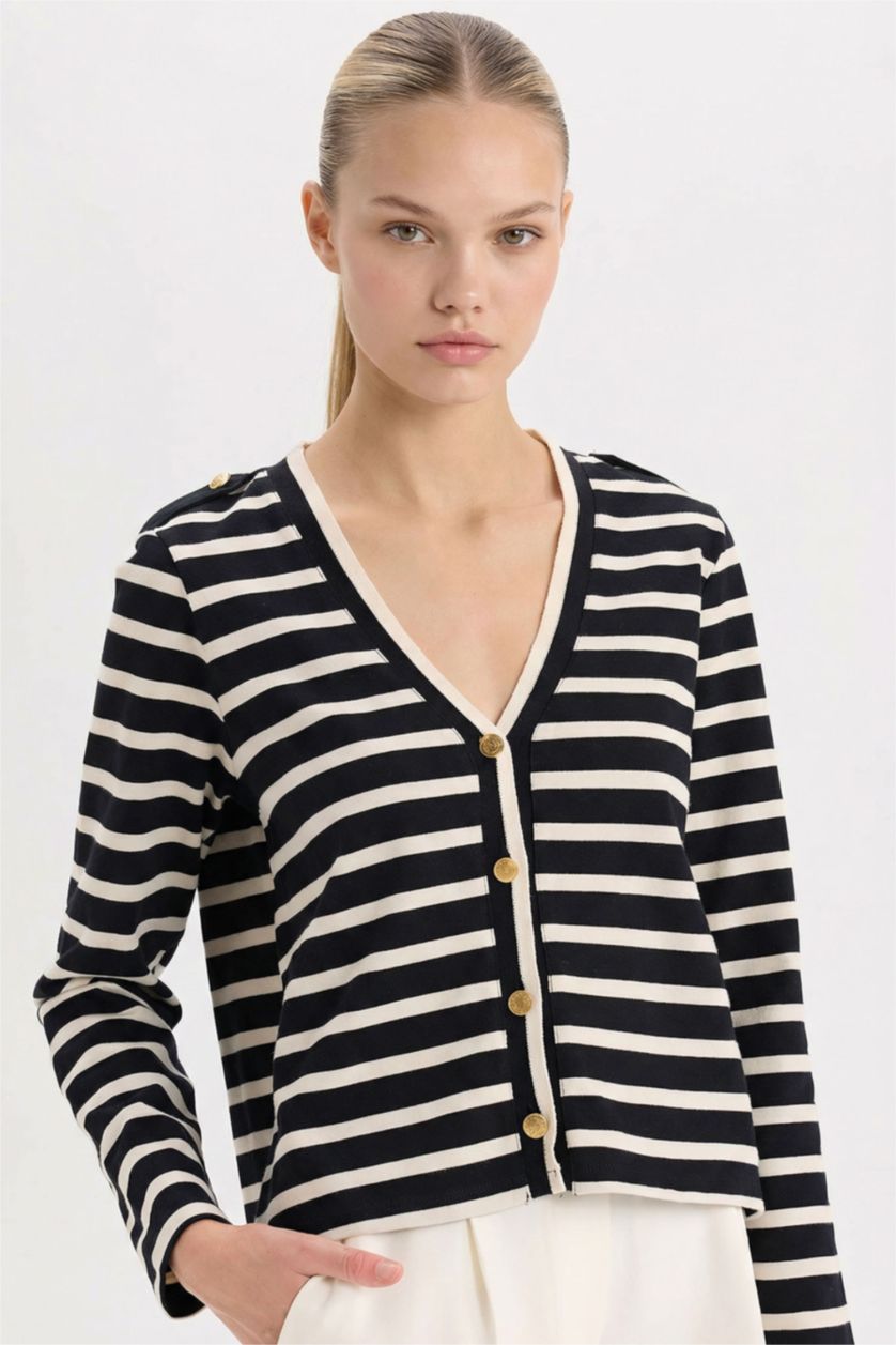WOMAN Black Regular Fit V-Neck Striped Camisole Cardigan