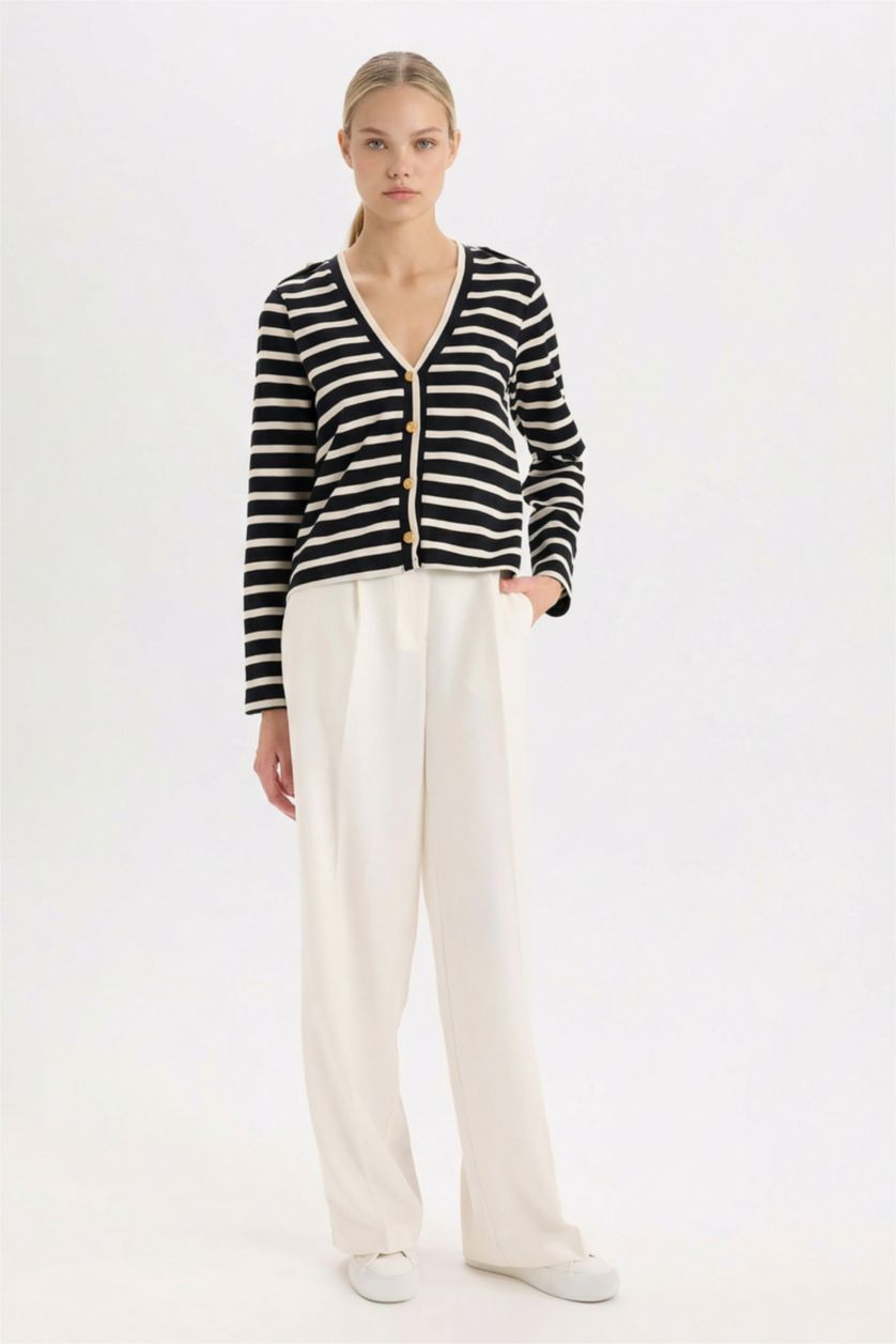 WOMAN Black Regular Fit V-Neck Striped Camisole Cardigan