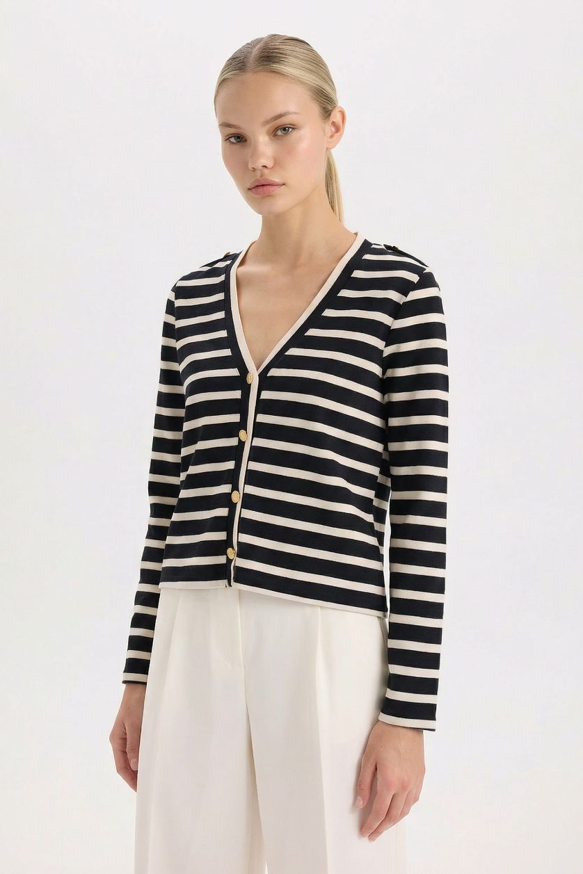 WOMAN Black Regular Fit V-Neck Striped Camisole Cardigan