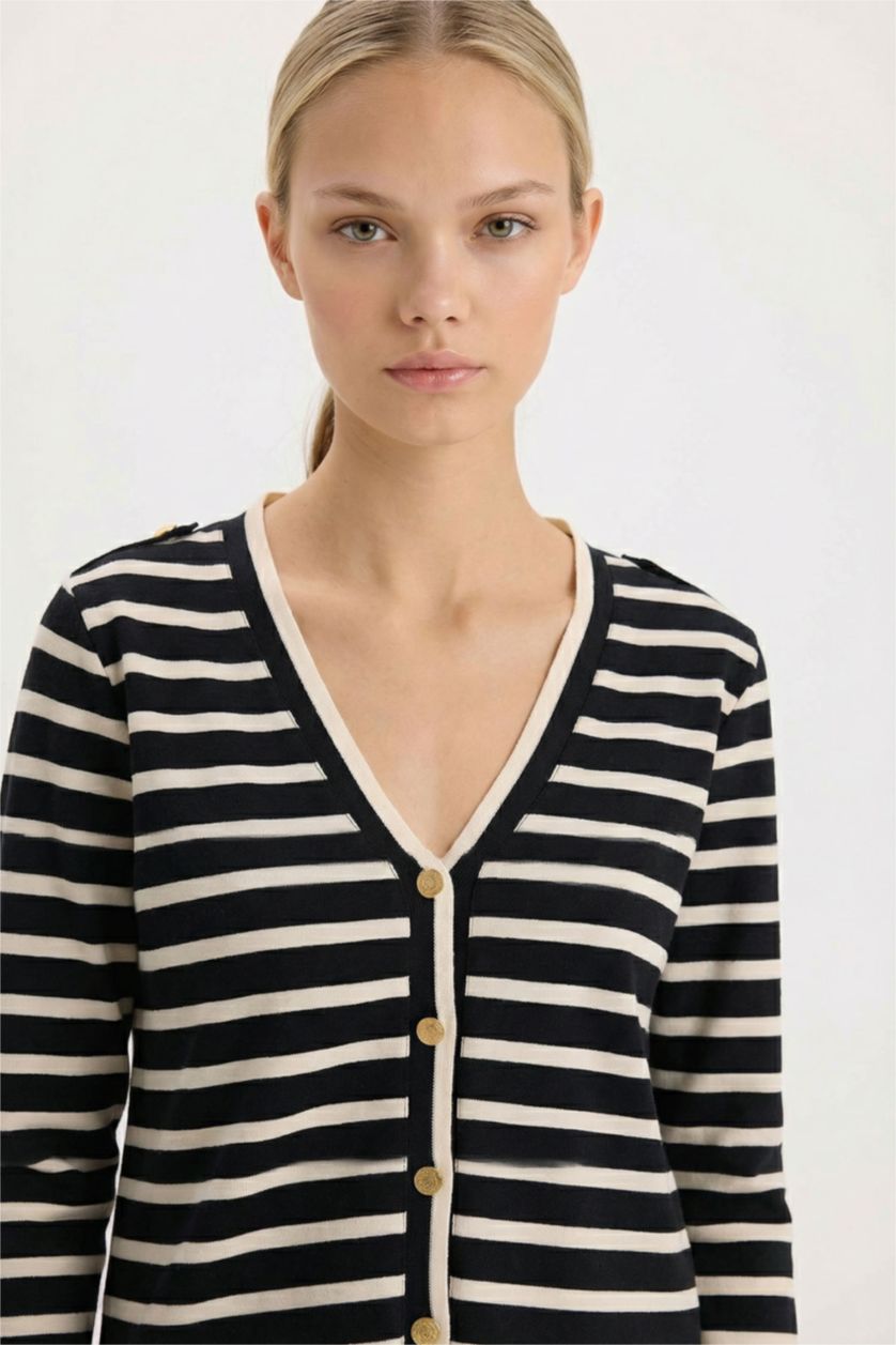 WOMAN Black Regular Fit V-Neck Striped Camisole Cardigan