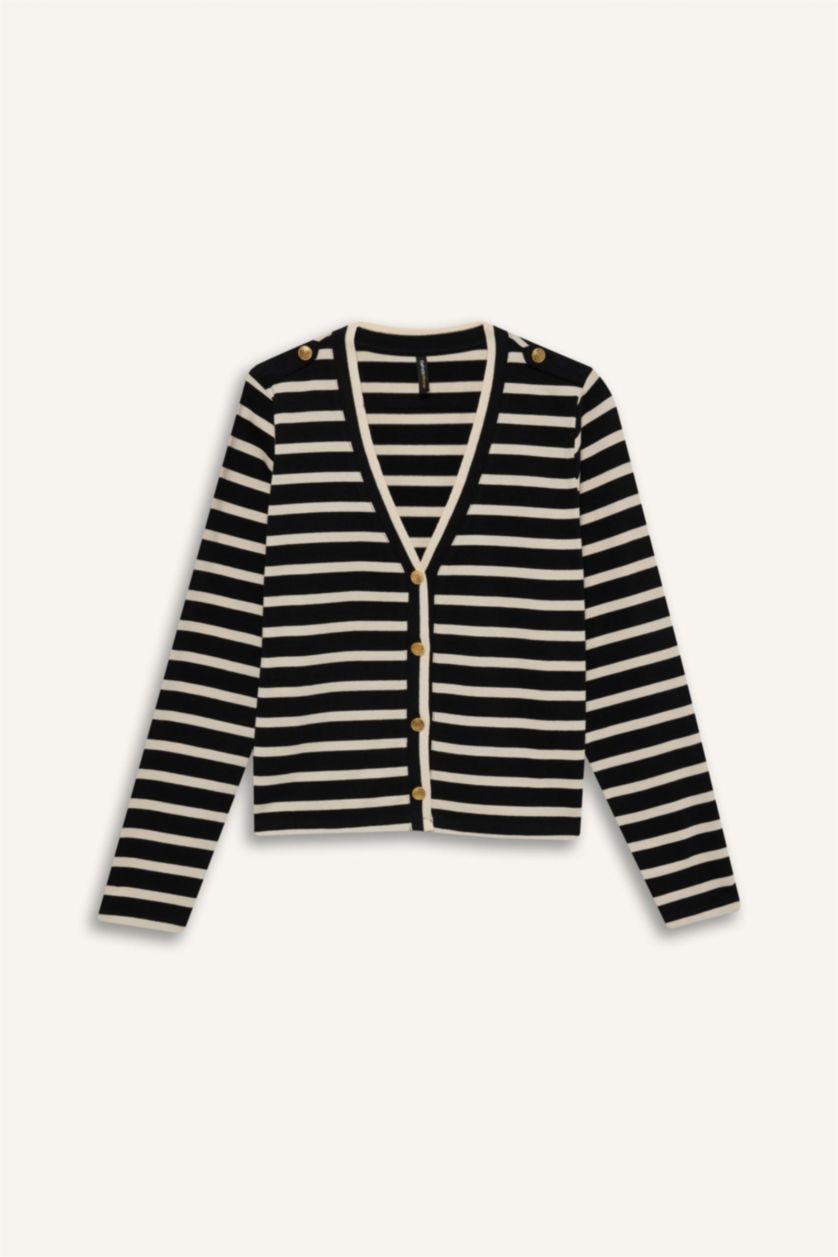 WOMAN Black Regular Fit V-Neck Striped Camisole Cardigan