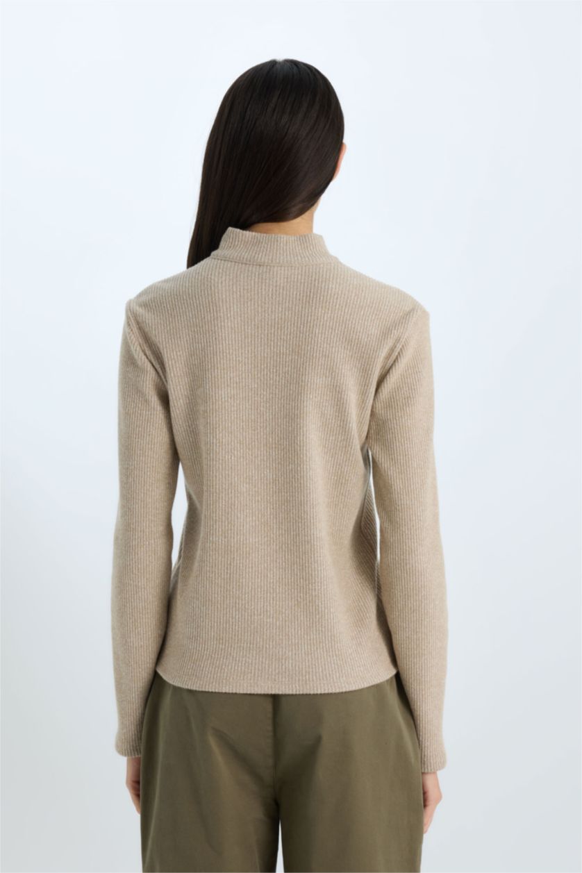 حريمي اللون الحجري تي شيرت كم طويل سليم فيت مضلع بياقة عالية