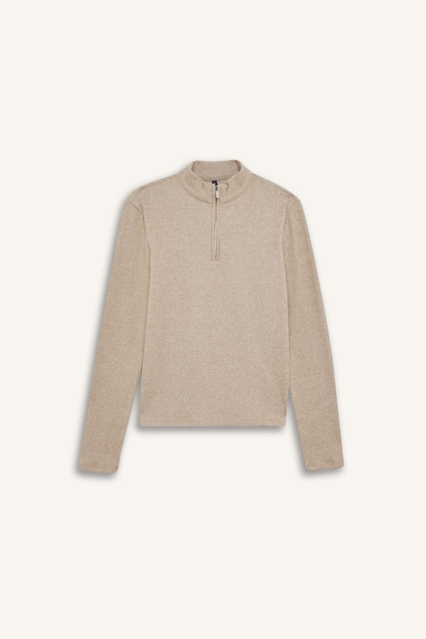 حريمي اللون الحجري تي شيرت كم طويل سليم فيت مضلع بياقة عالية