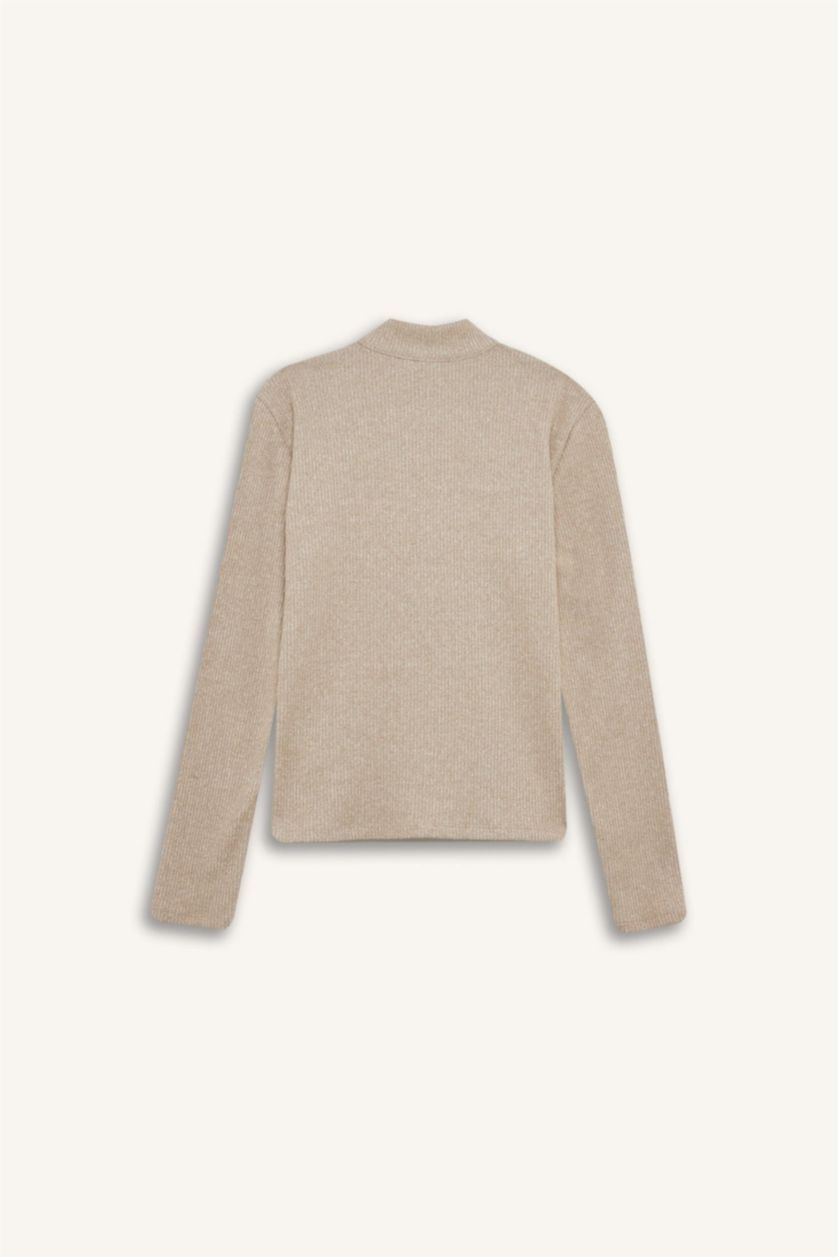 حريمي اللون الحجري تي شيرت كم طويل سليم فيت مضلع بياقة عالية