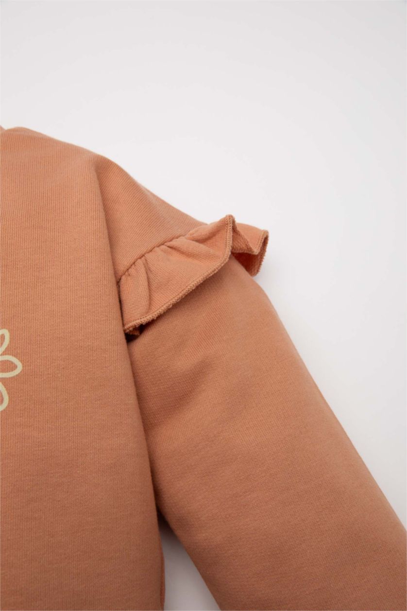 Kız Bebek Açık Kahve Kız Bebek  3'lü Takım Baskılı Sweatshirt Çiçekli Tayt Saç Bandı