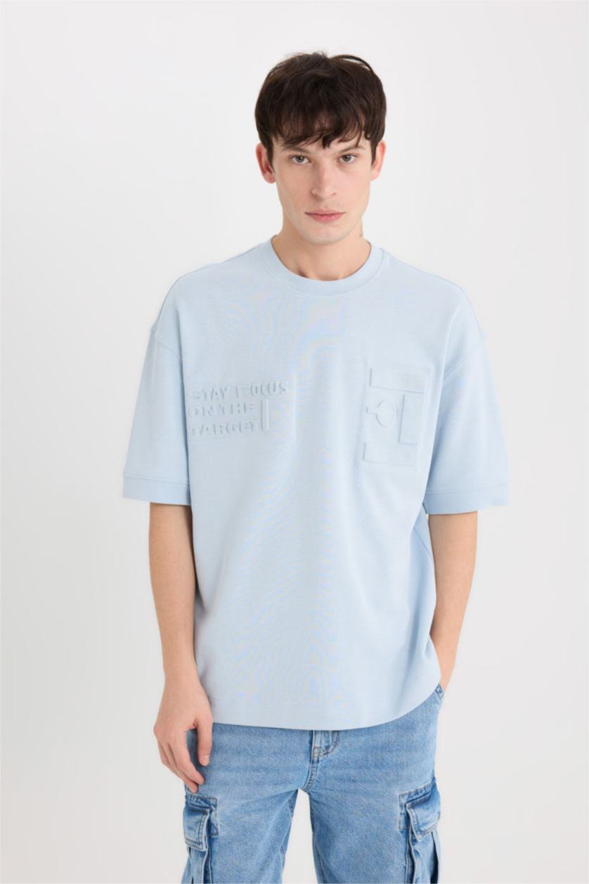 رجال أزرق فاتح تيشيرت نص ردن مطبوع قصة فضفاضة بياخة مستديرة