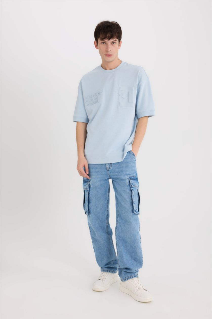 رجال أزرق فاتح تيشيرت نص ردن مطبوع قصة فضفاضة بياخة مستديرة