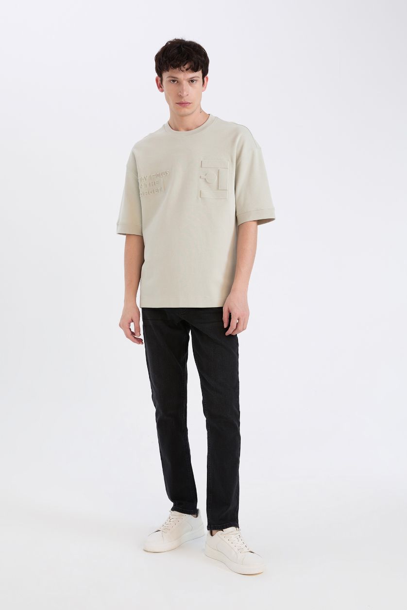 رجالي كاكي فاتح تيشيرت نص كم قصة فضفاضة برقبة مستديرة