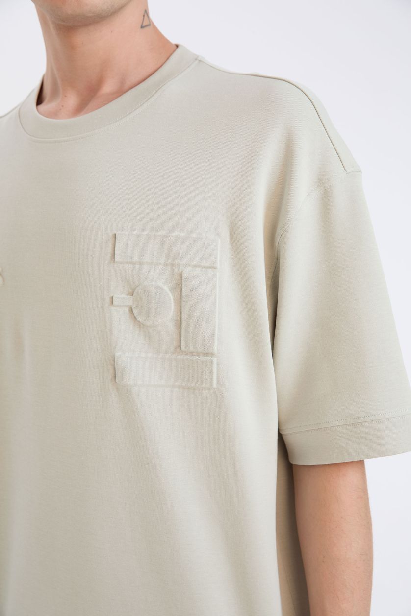 رجالي كاكي فاتح تيشيرت نص كم قصة فضفاضة برقبة مستديرة