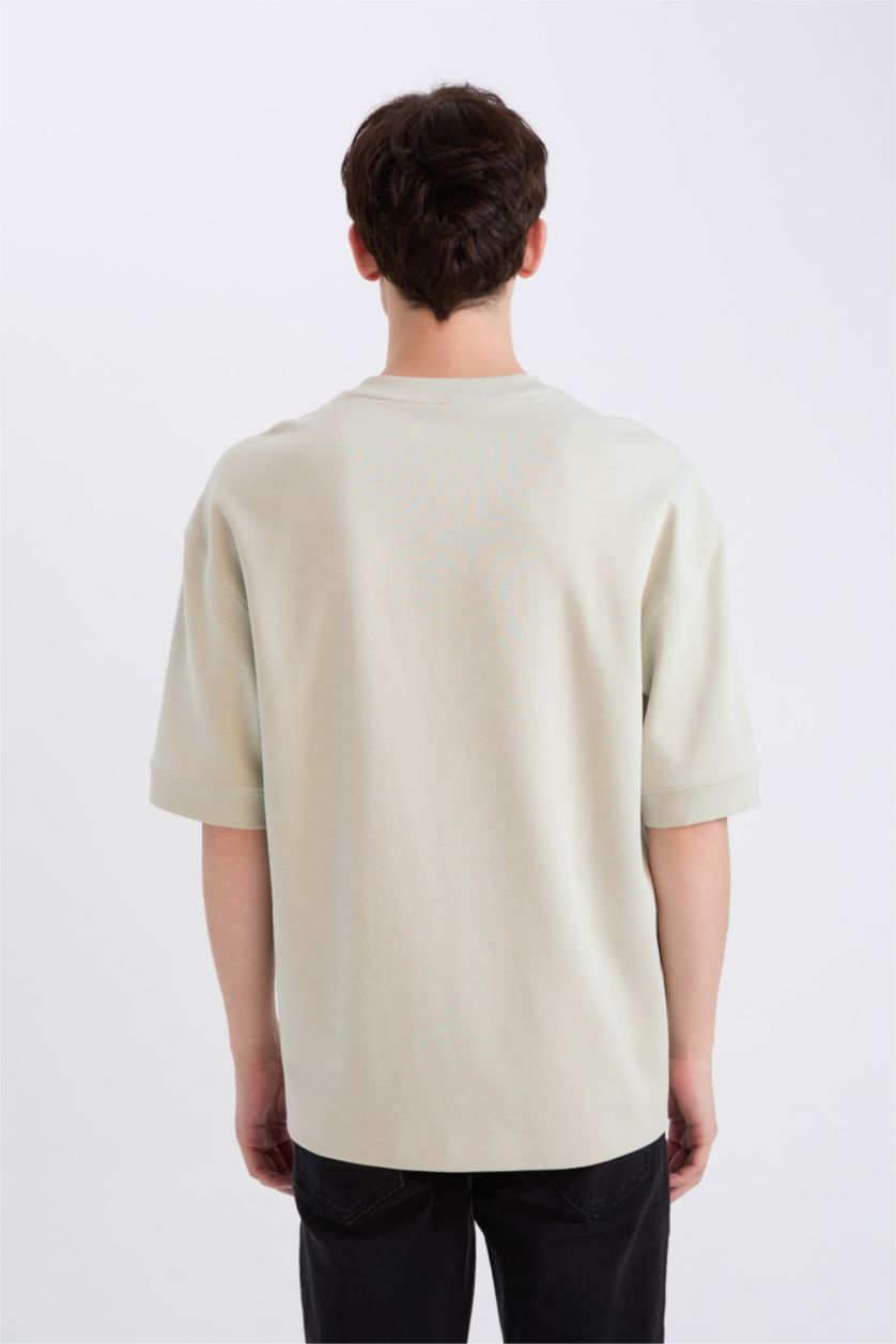 رجالي كاكي فاتح تيشيرت نص كم قصة فضفاضة برقبة مستديرة