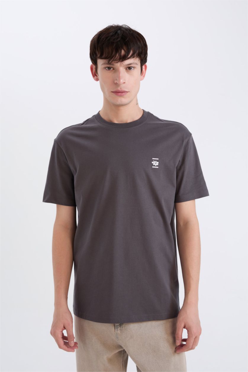 Erkek Antrasit %100 Pamuk Regular Fit Bisiklet Yaka Sırt Baskılı Kısa Kollu Tişört
