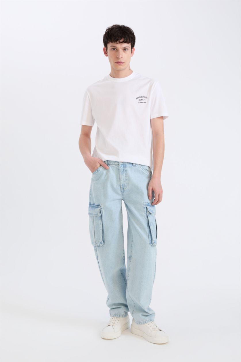 Erkek Beyaz %100 Pamuk Regular Fit Bisiklet Yaka Baskılı Kısa Kollu Tişört