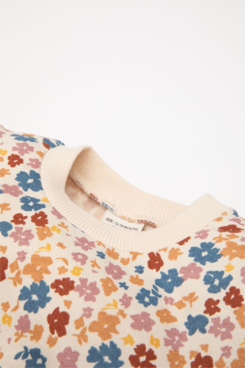 Kız Bebek Açık Taş Kız Bebek Bisiklet Yaka Çiçekli İçi Yumuşak Tüylü Sweatshirt