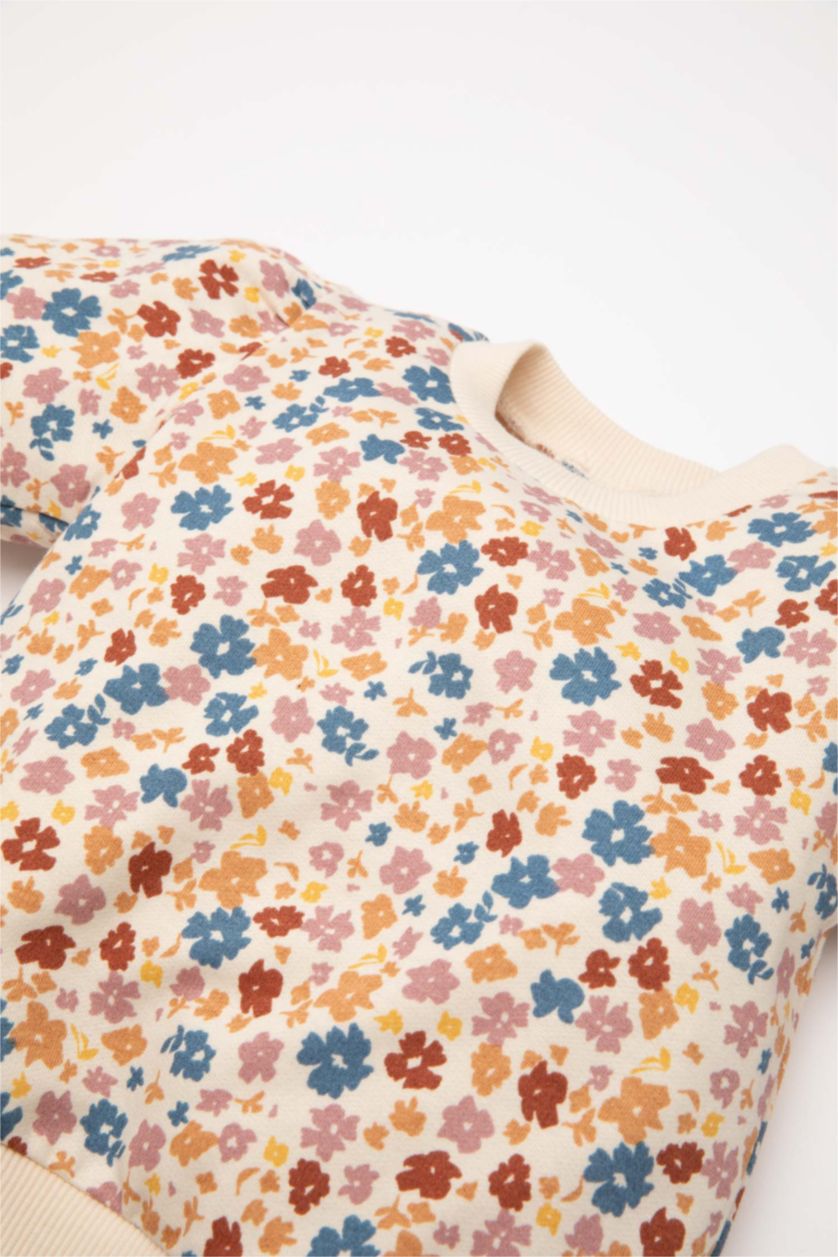 Kız Bebek Açık Taş Kız Bebek Bisiklet Yaka Çiçekli İçi Yumuşak Tüylü Sweatshirt