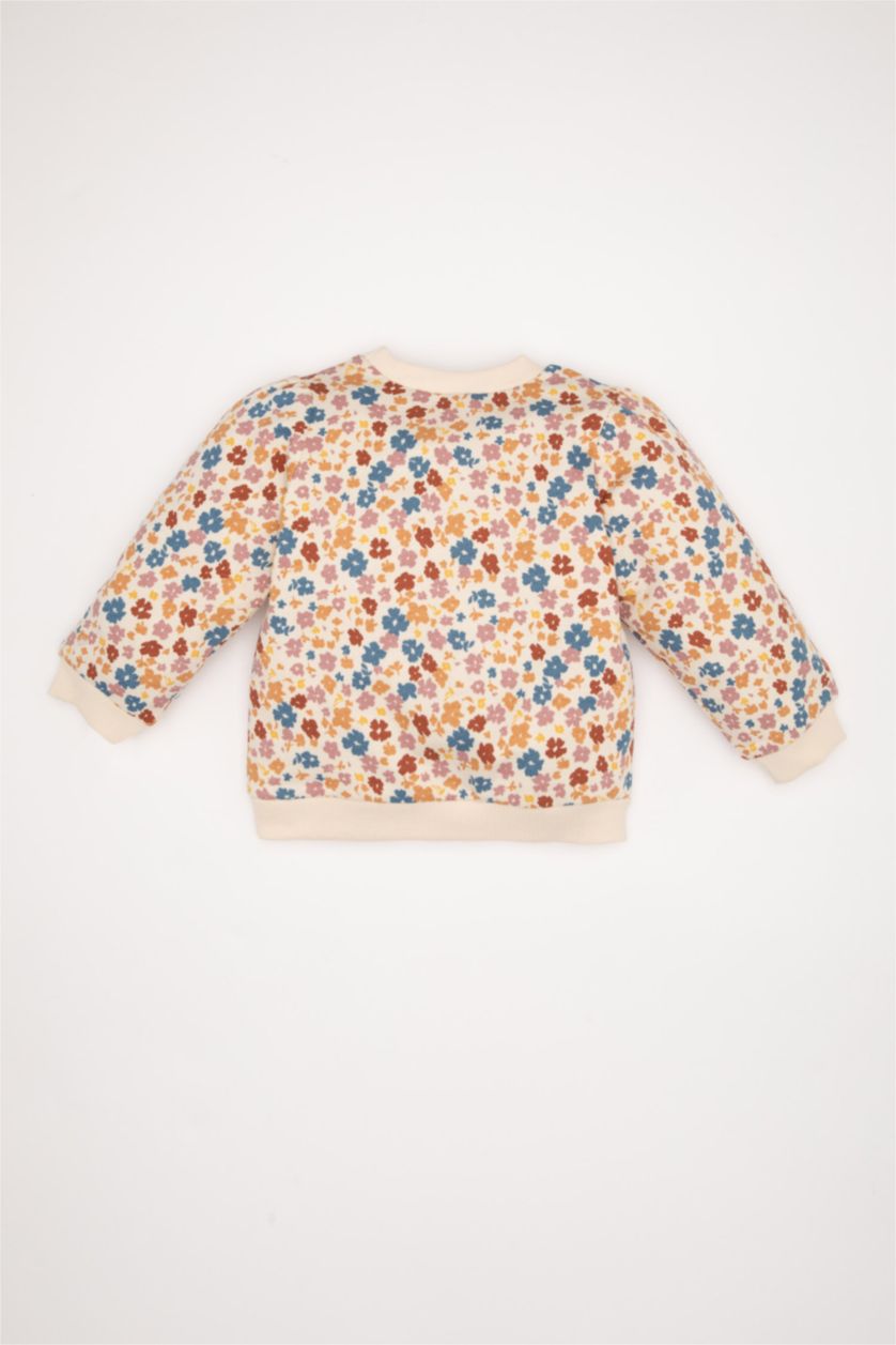 Kız Bebek Açık Taş Kız Bebek Bisiklet Yaka Çiçekli İçi Yumuşak Tüylü Sweatshirt