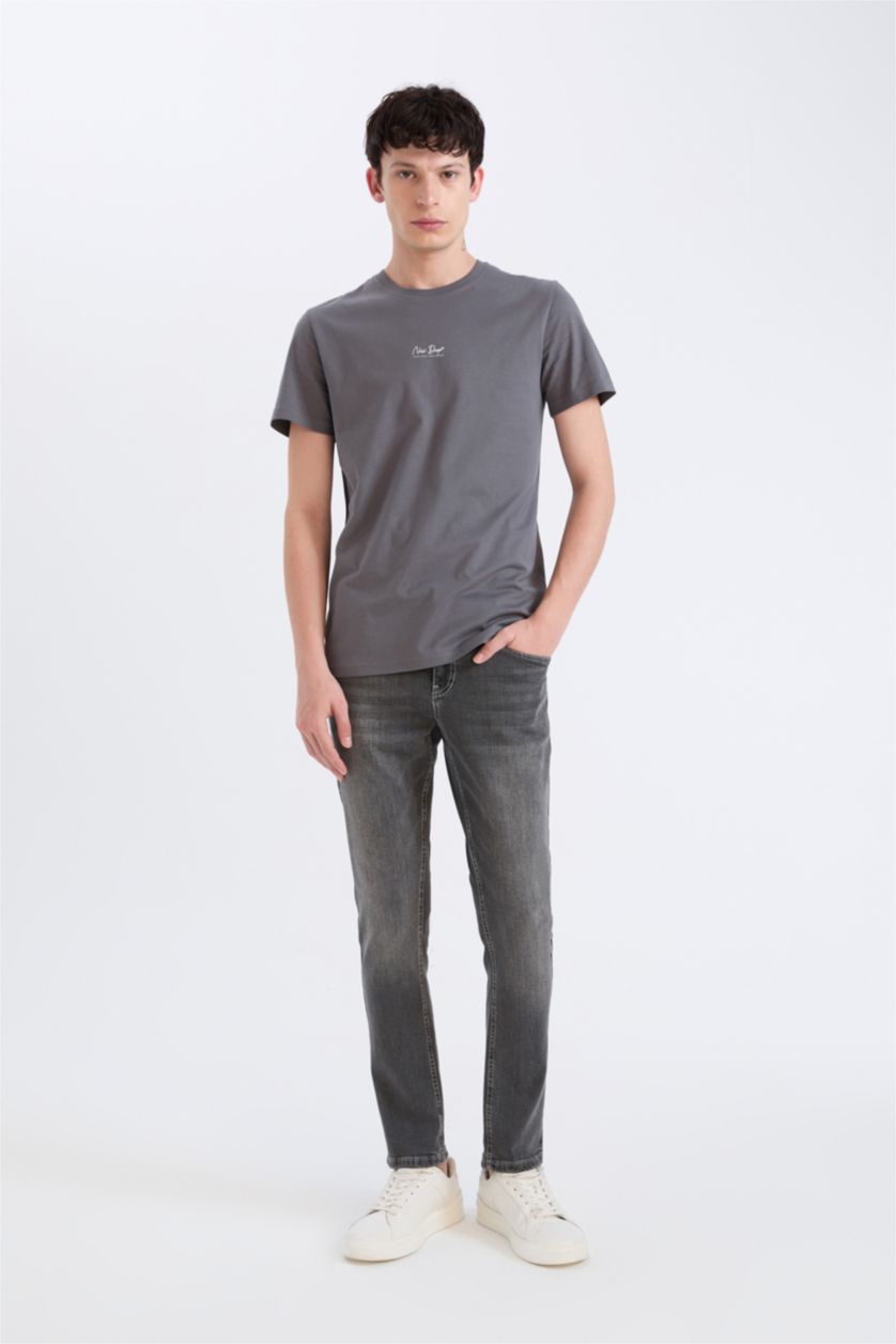 Man Anthracite Slim Fit Crew Neck Printed Short Sleeve T-Shirt