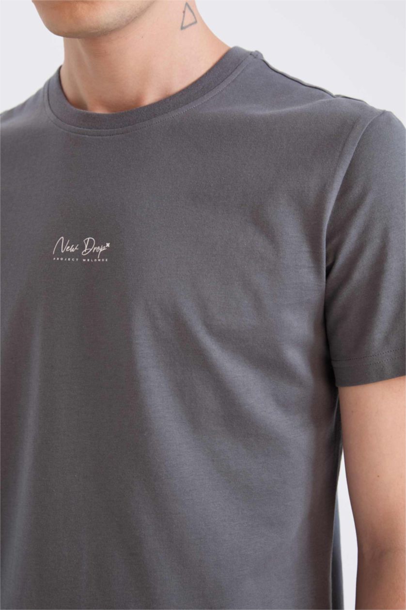 Man Anthracite Slim Fit Crew Neck Printed Short Sleeve T-Shirt