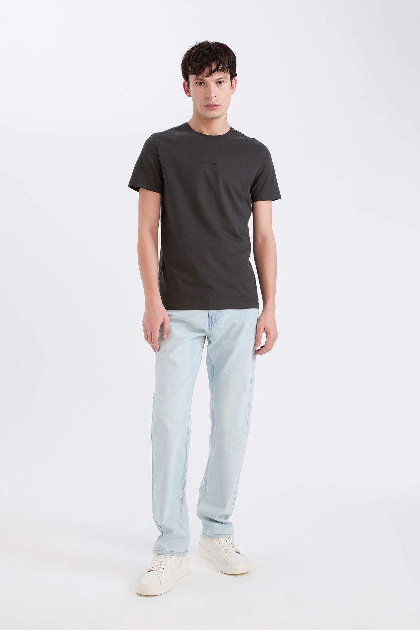 Erkek Antrasit %100 Pamuk Slim Fit Dar Kesim Bisiklet Yaka Baskılı Kısa Kollu Tişört