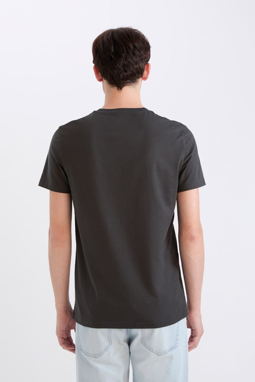 Erkek Antrasit %100 Pamuk Slim Fit Dar Kesim Bisiklet Yaka Baskılı Kısa Kollu Tişört