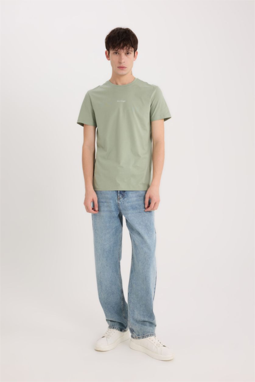 رجالي أخضر فاتح تيشيرت قطن نص كم سليم فيت مطبوع برقبة مستديرة