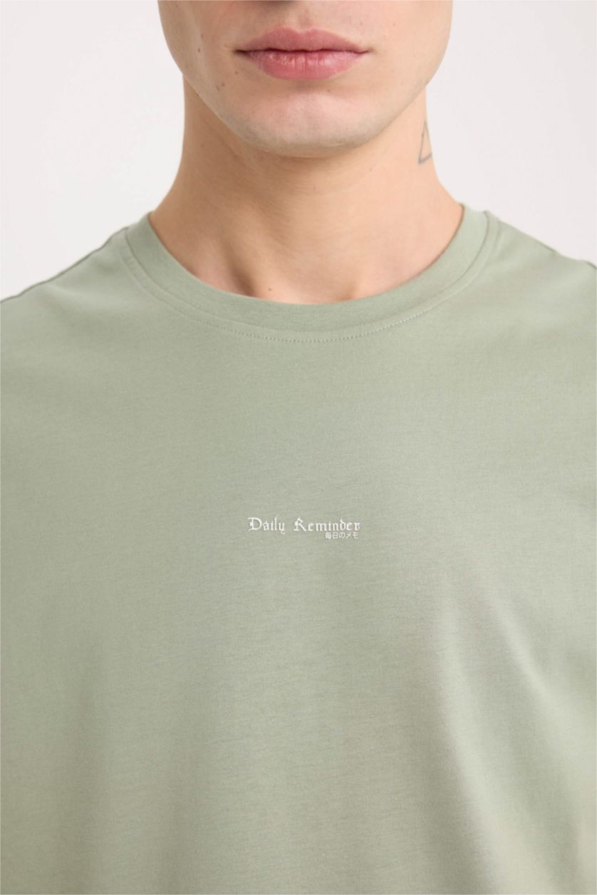 رجالي أخضر فاتح تيشيرت قطن نص كم سليم فيت مطبوع برقبة مستديرة