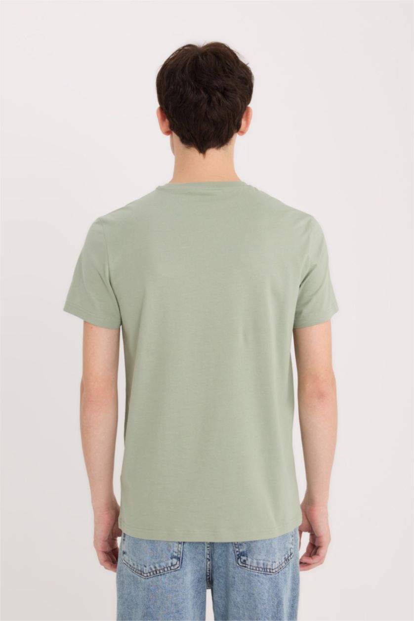 رجالي أخضر فاتح تيشيرت قطن نص كم سليم فيت مطبوع برقبة مستديرة