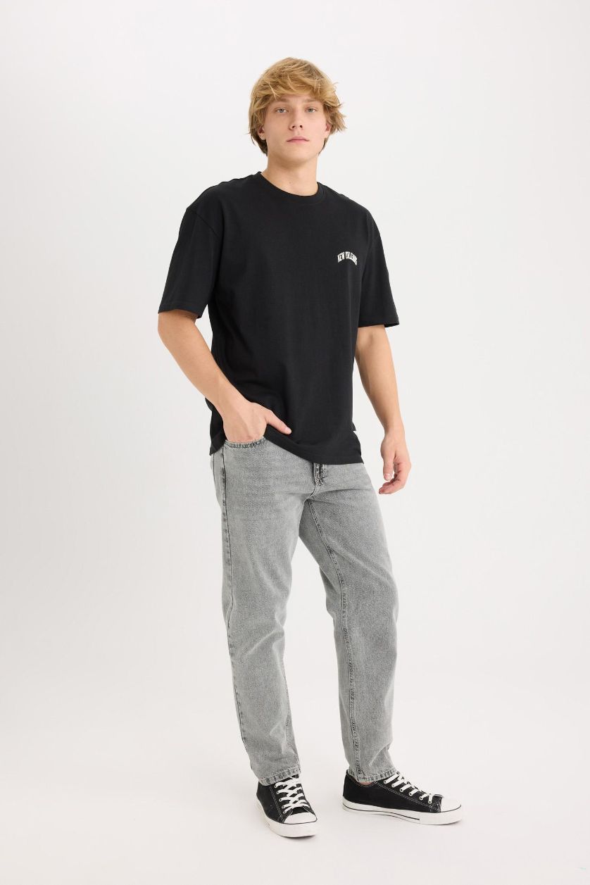 Erkek Siyah %100 Pamuk Boxy Fit Bisiklet Yaka Baskılı Kısa Kollu Tişört