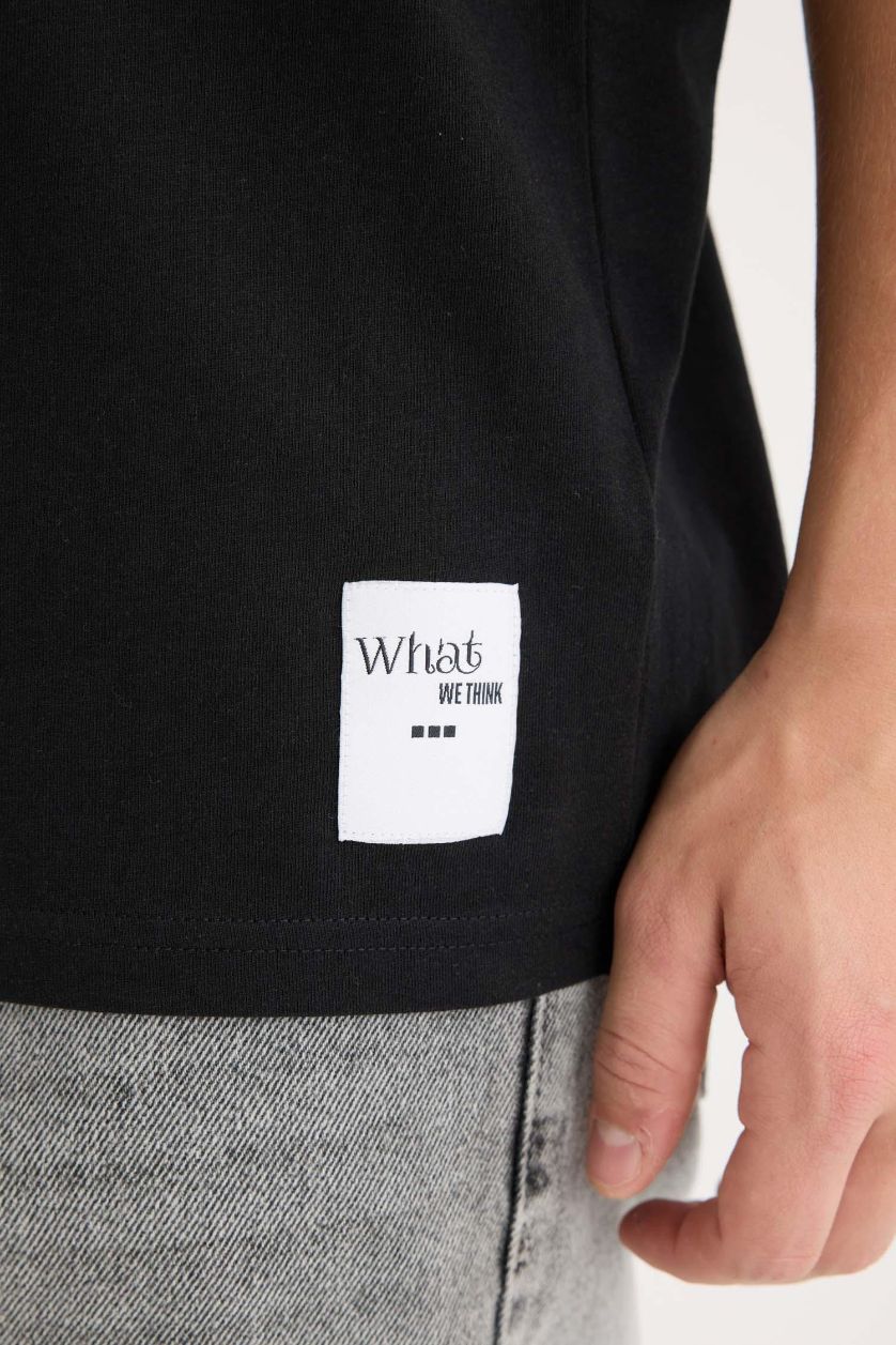 Erkek Siyah %100 Pamuk Boxy Fit Bisiklet Yaka Baskılı Kısa Kollu Tişört