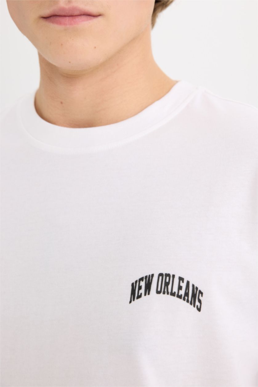 Erkek Beyaz %100 Pamuk Boxy Fit Bisiklet Yaka Baskılı Kısa Kollu Tişört