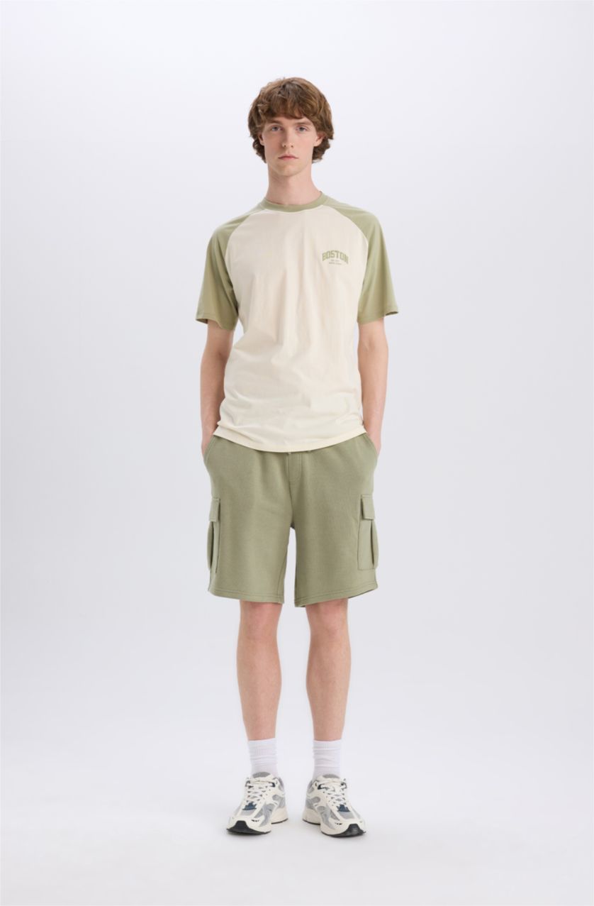 رجالي كاكي تيشيرت قطن اوفر سايز نص كم برقبة مستديرة مطبوع