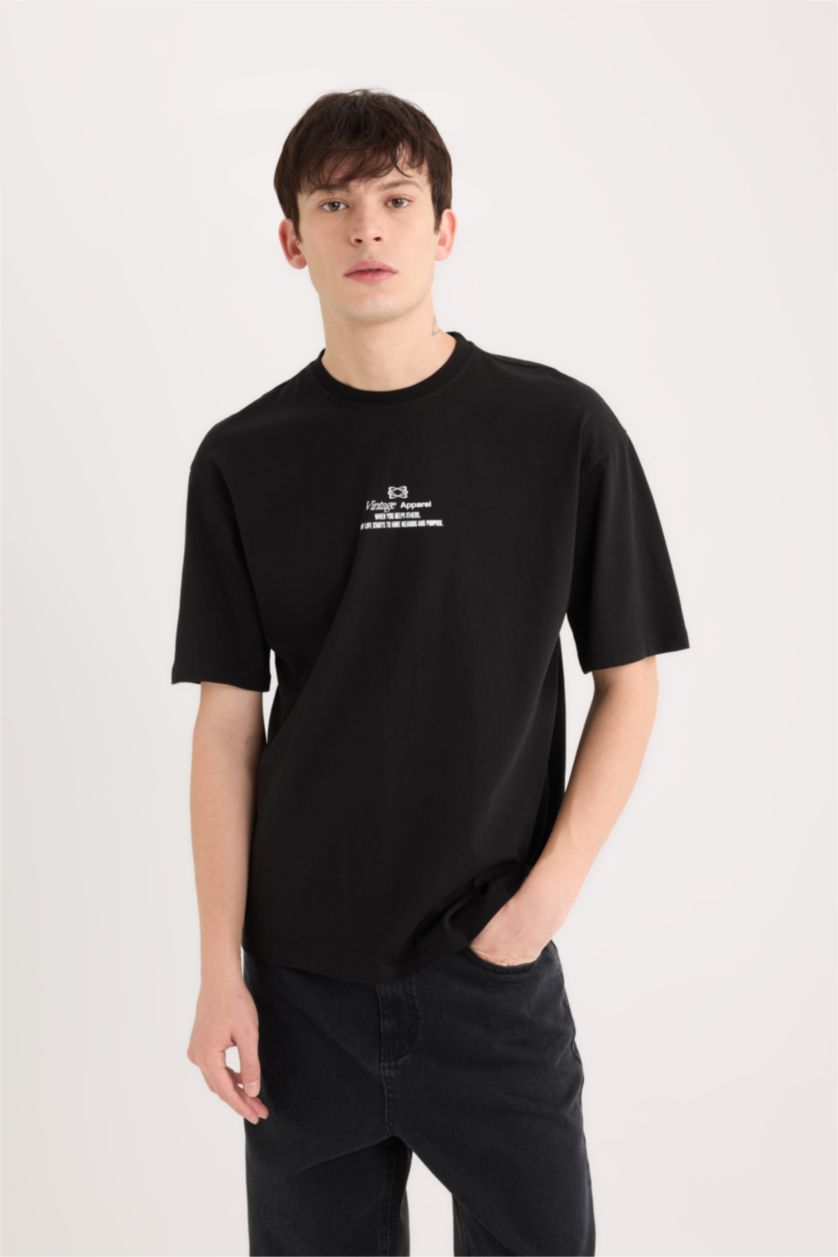 MAN Black Boxy Fit Crew Neck Back Printed T-Shirt