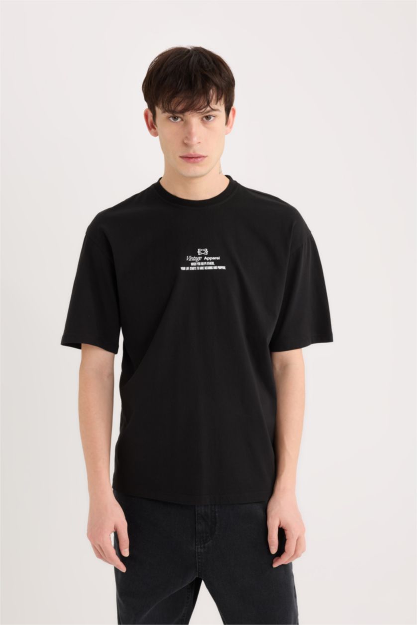 MAN Black Boxy Fit Crew Neck Back Printed T-Shirt